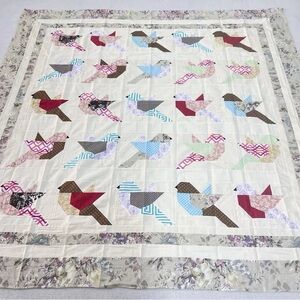 Handmade Bird Patchwork Quilt Throw in Cream, Pink & Blue